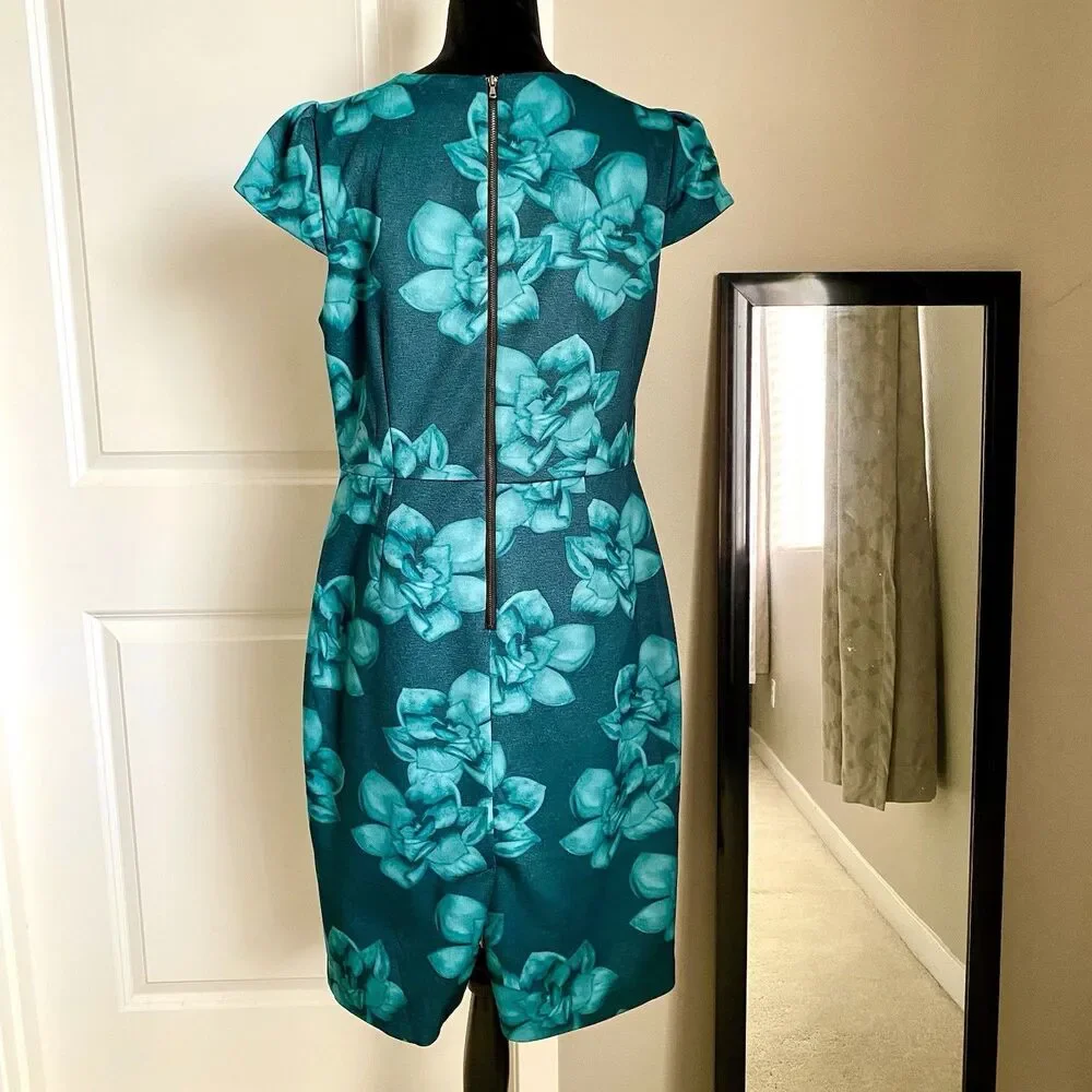 Betsy Johnson Size 12 Jade Green Floral Stretch Dress Cap Sleeve - Picture 3 of 8